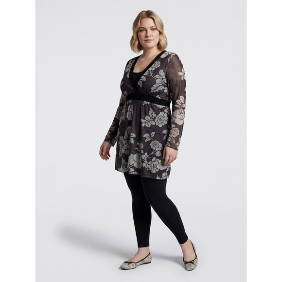 White House Black Market Tops - White House Black Market Floral Mesh Tunic Top Black Gray V-Neck XL